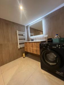 une machine à laver dans une salle de bain avec un miroir dans l'établissement La Vie est Belle, à Saint-Symphorien-sur-Coise