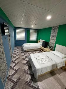 duas camas em um quarto com paredes verdes em Nigrum Nova em Nevşehir