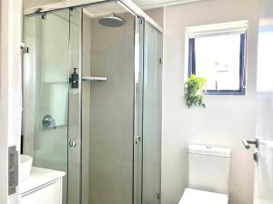 ein Badezimmer mit Dusche und Toilette in der Unterkunft The Wild Oak in Hermanus + 22 Fotos