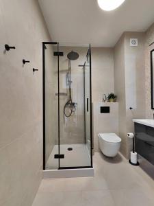 a bathroom with a glass shower and a toilet at Rewal Komfortowy Apartament 2 Sypialnie 10 min od Plaży Parking Taras Grill in Rewal +4 photos