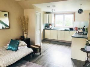 a living room with a couch and a kitchen at The Wee Pad - Uk42918 in Dunfermline