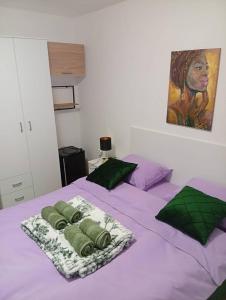 特雷比涅Apartman Old Town的两张床，铺着紫色床单，放着绿色枕头。 更多45张照片