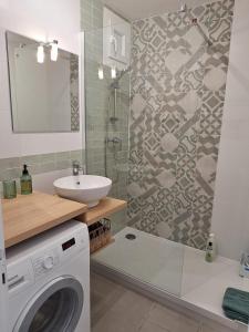 ein Badezimmer mit Waschmaschine und Waschbecken in der Unterkunft T2 rénové 3ème étage places parking résidence in Manosque