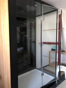 La salle de bains est pourvue d'une armoire en verre et d'un lavabo. dans l'établissement Le 115 Retour aux Sources, à Dounoux 32 autres photos