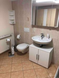 a bathroom with a sink and a toilet at Pension Ute in Strehla