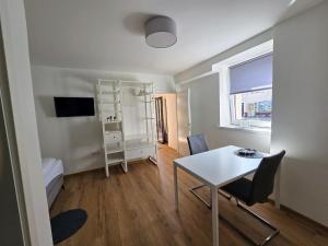 a small apartment with a table and a window at Apartment Trubarjeva33, near Ljubljana, free parking in Velike Lašče