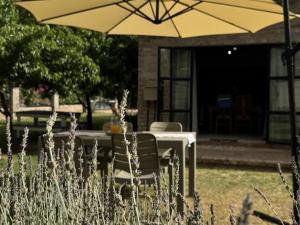 奥茨胡恩Hartland Garden Loft的院子里伞下的桌子和椅子