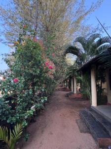 un jardín con flores rosas y árboles y un edificio en Barefoot and Beyond - Crafted with Kenchas, en Gokarna
