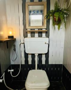 ein Badezimmer mit einer Toilette mit einem Fenster darüber in der Unterkunft Ahluwalias Farmstay in Mandlā