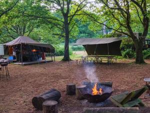 - un foyer extérieur dans un champ avec une tente dans l'établissement Westacre 4 Ton Tents, à Narborough