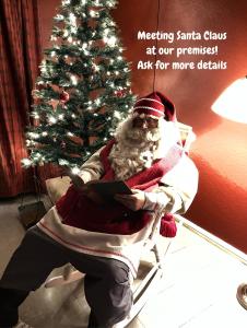 um homem sentado em uma cadeira em frente a uma árvore de Natal em Raanu Apartments em Raanujärvi