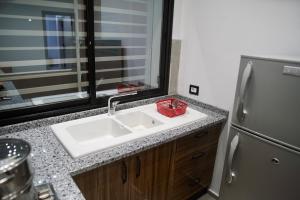 eine Küchentheke mit Spüle und Kühlschrank in der Unterkunft Charming S1 cozy modern and bright in Mahdia + 3 Fotos