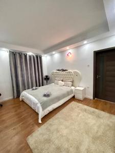 a bedroom with a large bed and a rug at Private Room in Voluntari Quiet & Cozy Stay in Voluntari