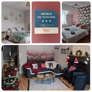 une chambre avec un arbre de Noël et un salon dans l'établissement Les 4 Fils Aymon, à Bogny Sur Meuse