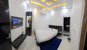 a small room with a bed and a tv at Hotel Peepal Tree Prayagraj in Prayagraj