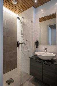a bathroom with a sink and a glass shower at Ski-Inn Kultakero Penthouse in Pelkosenniemi +16 photos