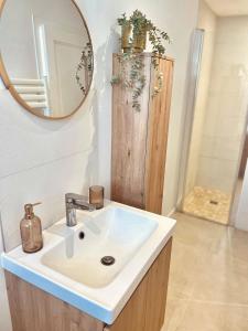 ein Badezimmer mit Waschbecken und Spiegel in der Unterkunft Le Cocon des rêves studio neuf avec terrasse et Parking in Wintzenheim