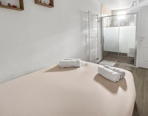 zwei Handtücher auf einem Bett in einem Zimmer in der Unterkunft Chez Alice, Appartement proche de Disneyland Paris in Montry + 13 Fotos