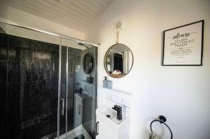 a bathroom with a shower and a sink and a mirror at Farr North Lodge 1 By The Sea in Wick +63 photos