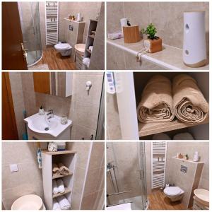 un collage de quatre photos d'une salle de bains dans l'établissement Apartman Maela, à Županja