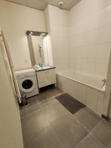 une salle de bain avec un lave-linge et une baignoire dans l'établissement Le tarasconnais, séjour authentique en Provence, à Tarascon