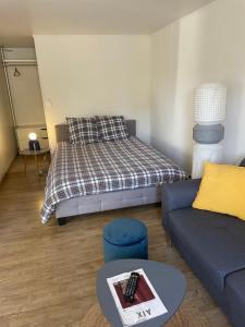 un salon avec un lit et un canapé dans l'établissement T2 de la Bastide Rouge vue exceptionnelle (180°) sur Aix domaine privé T2 indépendant de 37 m2 avec terrasse exposée plein sud Piscine 10 X 5, à Aix-en-Provence