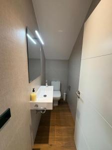 ein Badezimmer mit Waschbecken, Toilette und Spiegel in der Unterkunft Chalet de lujo la Llavandera , Selnatur in Llanes