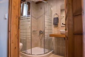 a bathroom with a shower with a toilet and a sink at To Mpalkoni in Chorefto +103 photos
