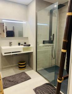 a bathroom with a glass shower and a sink at Sand and Style, Baie Orientale in Saint Martin +17 photos
