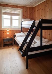 two bunk beds in a room with a window at Stranda Fjellgrend 2 bedrooms - 35c in Stranda