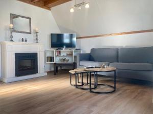 ein Wohnzimmer mit einer blauen Couch und einem Kamin in der Unterkunft Ferienhaus in Anjum mit Kleinem Balkon - b52642 in Anjum