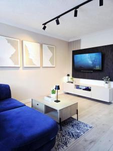 Family & Contractor Stay WiFi, Garden Private Parking for 2 cars في هال: غرفة معيشة مع أريكة زرقاء وتلفزيون +11 صورة