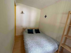 1 dormitorio pequeño con 1 cama con 2 almohadas azules en Chalet Hilsen - 2 à 6 personnes, en Linthal