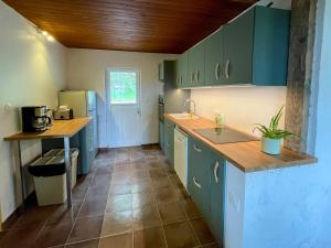 cocina con armarios verdes y suelo de baldosa en Chalet Hilsen - 2 à 6 personnes, en Linthal 12 fotos más