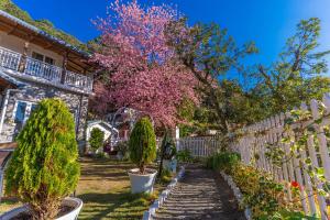 a yard with a fence and trees and plants at Casa De Bello, Nainital, Near Kainchi Dham in Bhowāli