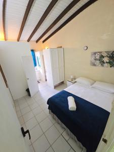 a bedroom with a large bed with a blue blanket at Ocean Heights in Arnos Vale