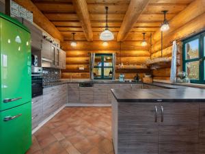 a kitchen with wooden walls and a green refrigerator at Chalet Quiet place Cabin by Interhome in Benešov nad Černou