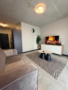 a living room with a couch and a fireplace at Sunset Sucasa in Midrand