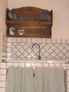 eine Küche mit Spüle und einem Regal mit Tellern in der Unterkunft Ferienwohnung "Il Fienile" in Umbertide
