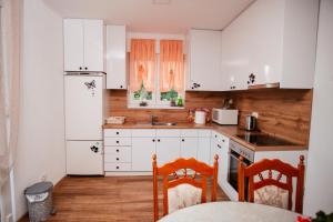 a kitchen with white cabinets and a white refrigerator at Villa Lotta & Nolla in Mostar
