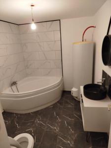 une salle de bain avec une baignoire, des toilettes et un lavabo dans l'établissement Gîte Chez Marcel, à Spoy 1 autre photo