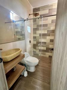 un bagno con wc, lavandino e doccia di Black Friday en Casa de Campo Campestre ZEN a La Granja Altre 14 foto