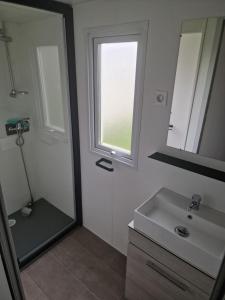 a bathroom with a sink and a window and a mirror at TRIGANO Savina 2022 in Litteau