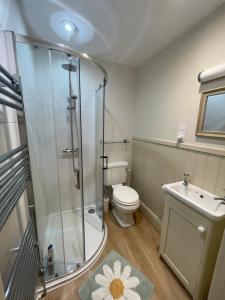 Un baño con ducha, inodoro y lavabo. en Crispins Corner, en Stedham 19 fotos más