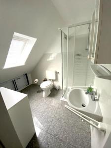 Un baño con ducha, lavabo e inodoro. en Haus Achtern Diek - Ferienwohnungen, en Wangerland