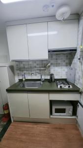 慶州市にある황리단길 대릉원 천마총 도보 5분 아늑한 퀸침대 투룸 3-1のシンクとコンロのある小さなキッチン