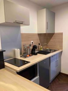 une cuisine avec un évier et un plan de travail dans l'établissement Single-story studio with parking,  3 autres photos