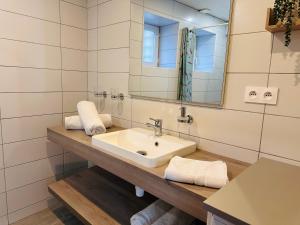 une salle de bain avec un lavabo et un miroir dans l'établissement Le Gîte Du Lavoir, à Courbouzon 22 autres photos