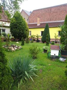 une cour avec une maison jaune et des plantes dans l'établissement Gemütliche Wohnung Mit Terrasse, à Rietz Neuendorf