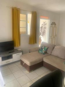 un salon avec un canapé et une télévision à écran plat dans l'établissement Appartement charmant avec vue sur la ville à Anse-Bertrand 45m², à Malgrétout